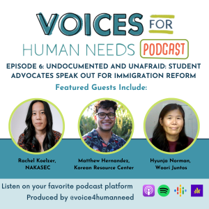 Voices for Human Needs Podcast Episode 6 Cover Art. Headshots of three speakers.