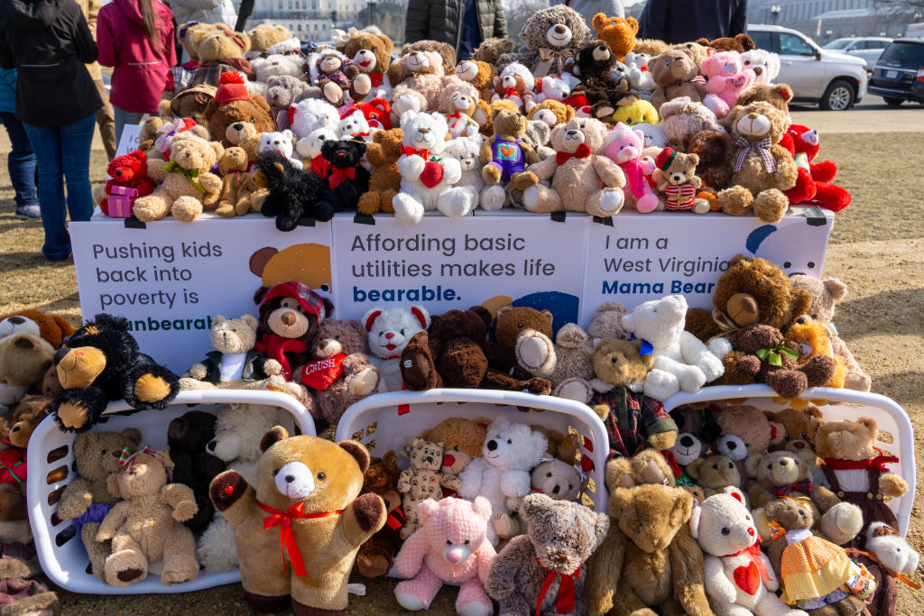 Some of the 500 teddy bears used to represent the thousands of kids who are back in poverty now that the expanded CTC has been discontinued.