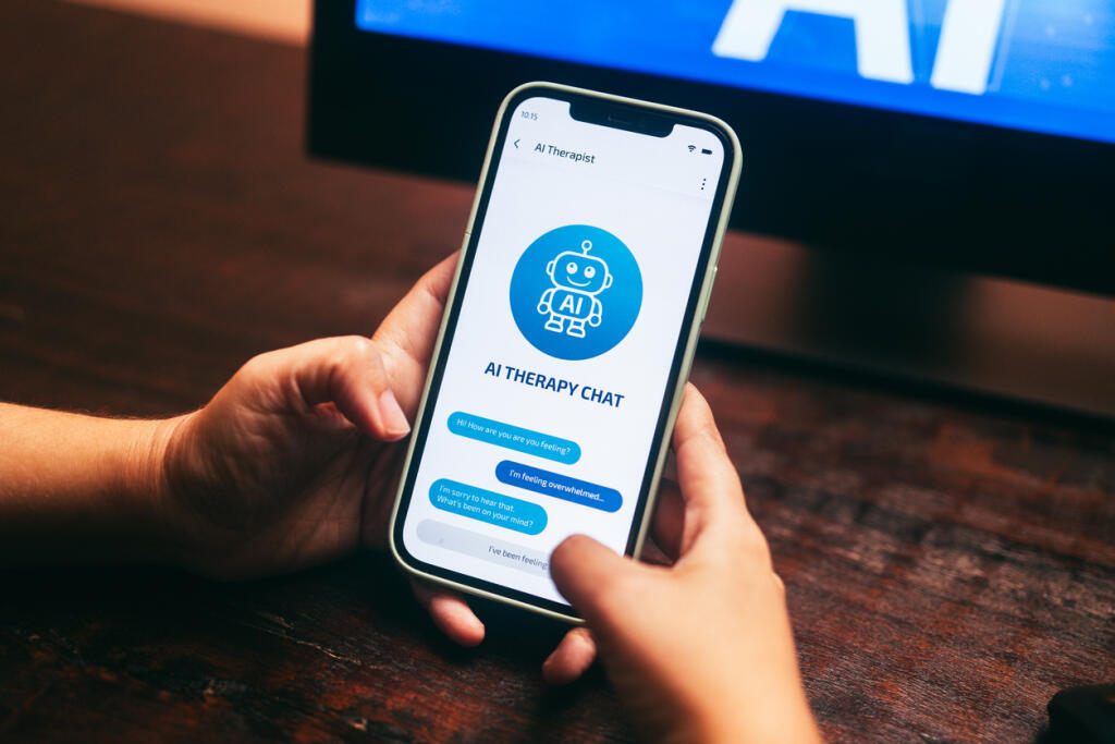 AI therapy chat app on smartphone for mental health support. Emotional, wellbeing assistant concept.